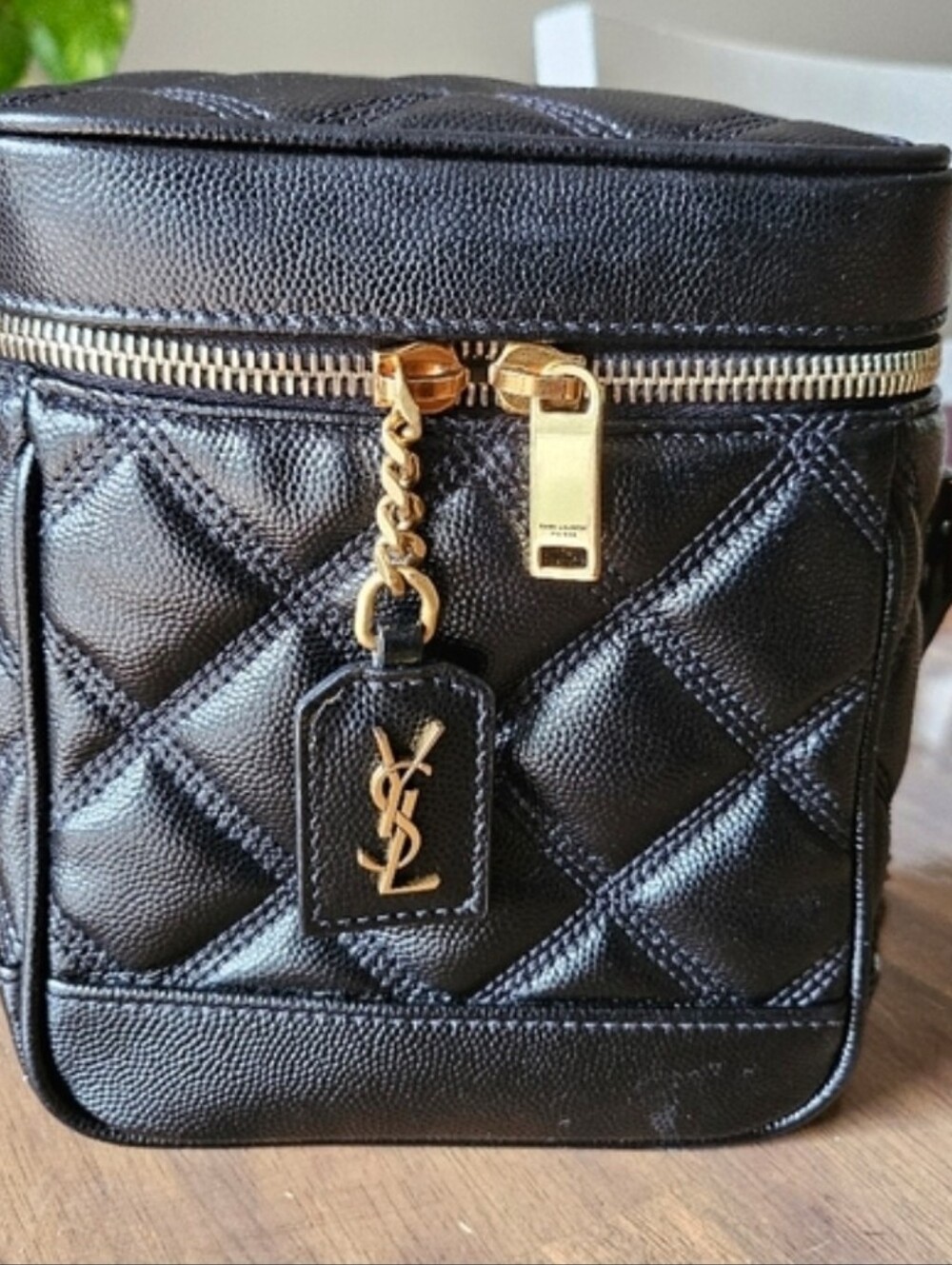 YSL 80's Vanity Grained Leather Black Quilted Shoulder Bag with Gold Chain.